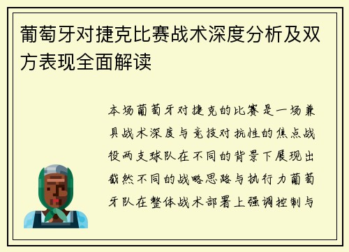 葡萄牙对捷克比赛战术深度分析及双方表现全面解读